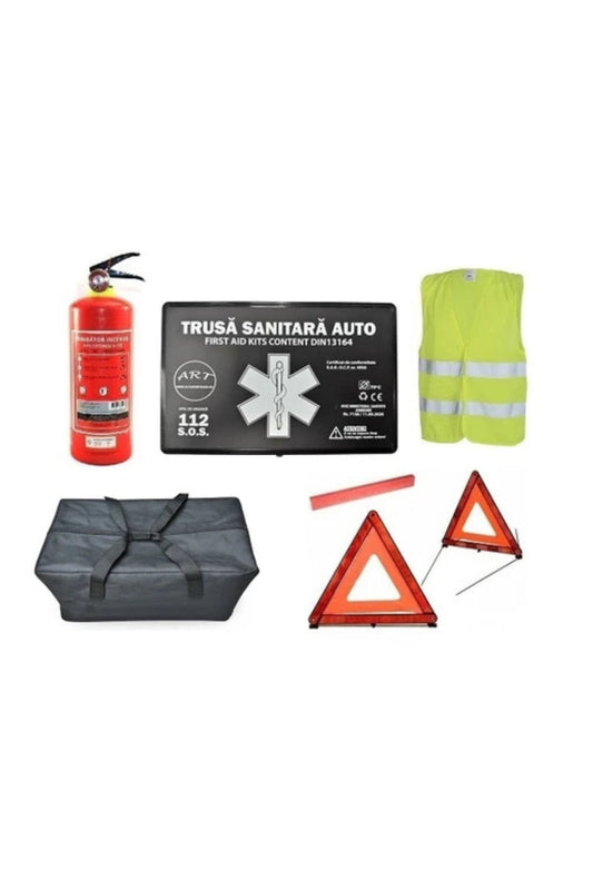 Kit Siguranta Omologat R.A.R [trusa medicala, vesta, 2x triunghiuri, stingator, geanta]