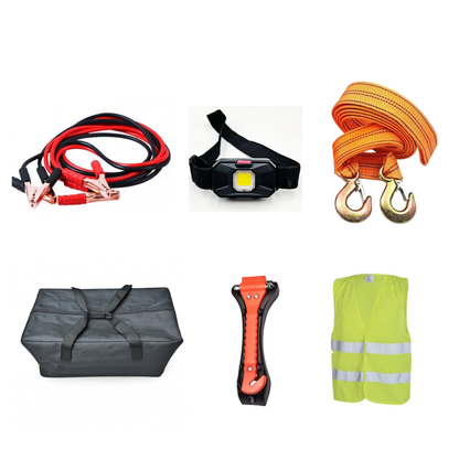Kit Urgenta Auto [Vesta Reflectorizanta, Lanterna, Chinga Tractare 4m, Cabluri Curent 500A, Cutter Taiat Centura Si Spart Geamul] + Geanta Depozitare