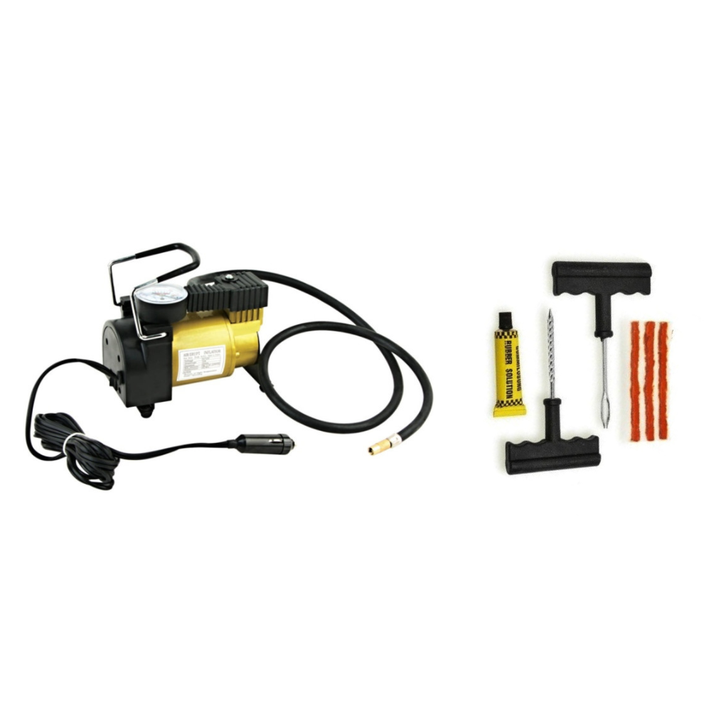 Set Compresor Cu Manometru 12V 35l/Min + Kit Vulcanizare Cu Snur Si Adeziv
