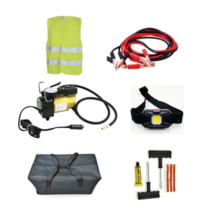 Kit Pana Auto [Compresor Cu Manometru 12V 35l/Min, Kit Vulcanizare Cu Snur, Cabluri Curent, Lanterna, Vesta Reflectorizanta] + Geanta Depozitare