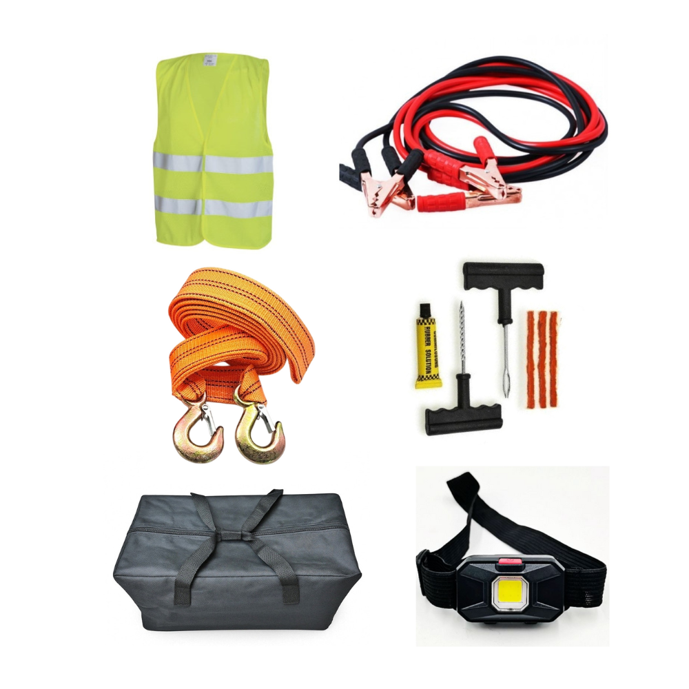 Kit Pana Auto [Chinga Tractare 4m, Kit Vulcanizare Cu Snur, Cabluri Curent 500A, Lanterna, Vesta Reflectorizanta] + Geanta Depozitare