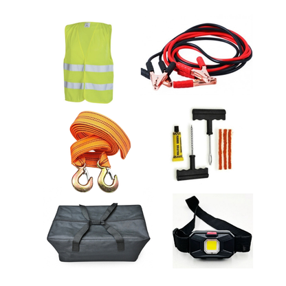 Kit Pana Auto [Chinga Tractare 4m, Kit Vulcanizare Cu Snur, Cabluri Curent 500A, Lanterna, Vesta Reflectorizanta] + Geanta Depozitare