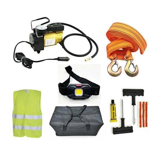 Kit Pana Auto [Chinga Tractare 4m, Kit Vulcanizare Cu Snur, Compresor Cu Manometru 12V 35l/Min, Vesta Reflectorizanta, Lanterna ] + Geanta Depozitare
