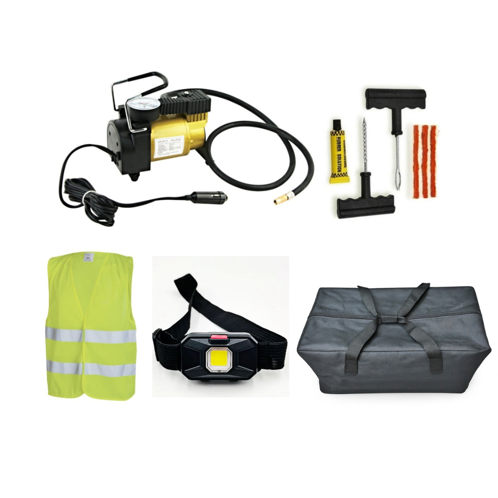 Kit Pana Auto [Kit Vulcanizare Cu Snur, Compresor Cu Manometru 12V 35l/Min, Lanterna, Vesta Reflectorizanta] + Geanta Depozitare