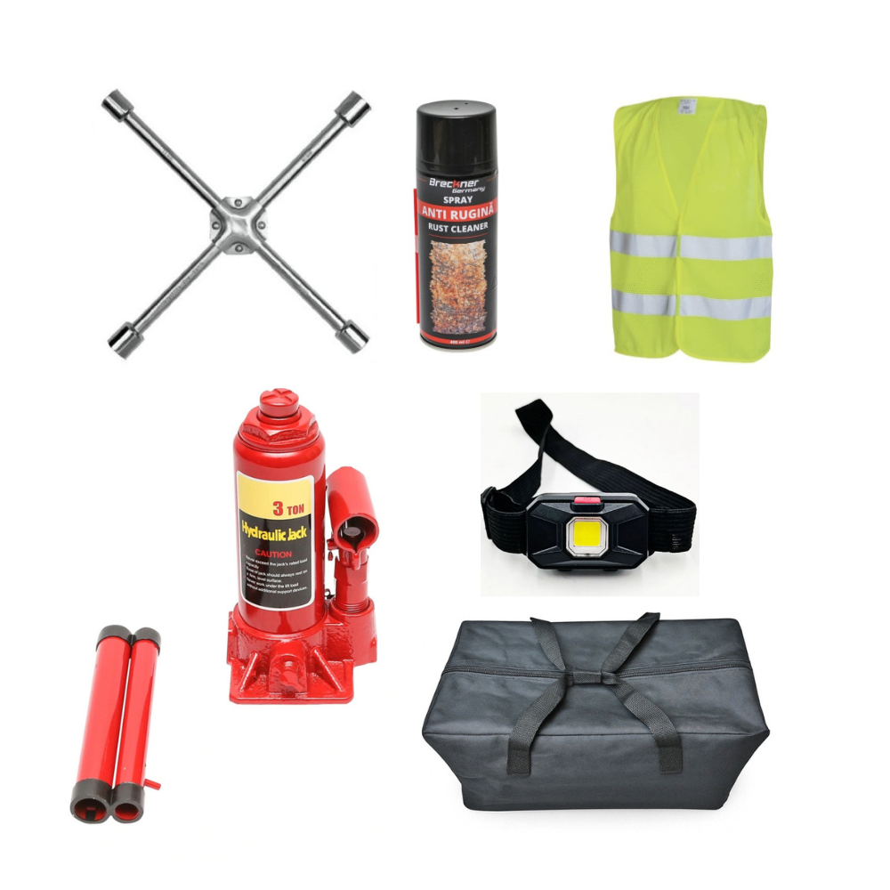 Kit Pana Auto [Cric Hidraulic 3T, Spray Degripant Si Antirugina, Cheie In Cruce 17", 19", 21", 23", Lanterna, Vesta Reflectorizanta] + Geanta Depozitare
