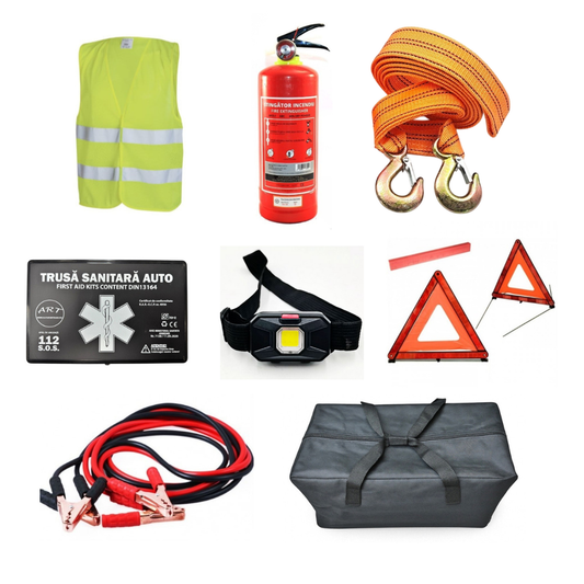 Kit Siguranta Auto [Trusa Medicala, Stingator 1KG, 2x Triunghiuri, Vesta Reflectorizanta, Chinga Tractare 4m, Cabluri Curent 500A, Lanterna] + Geanta Depozitare