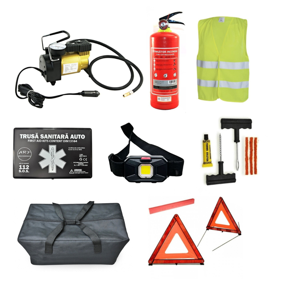 Kit Siguranta Auto [Trusa Medicala, Stingator 1KG, 2x Triunghiuri, Vesta Reflectorizanta, Compresor, Kit Vulcanizare cu Snur, Lanterna] + Geanta Depozitare