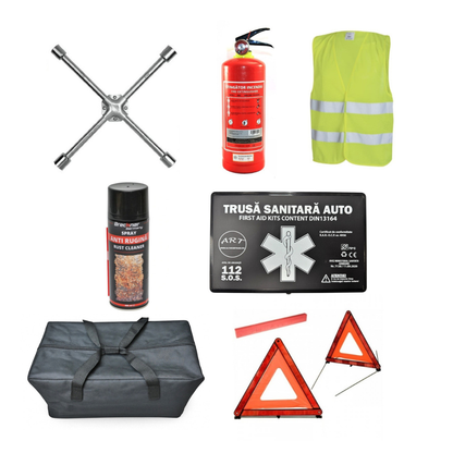 Kit Siguranta Auto [Trusa Medicala, Stingator 1KG, 2x Triunghiuri, Vesta Reflectorizanta, Spray Degripant Si Antirugina, Cheie In Cruce 17", 19", 21", 23"] + Geanta Depozitare