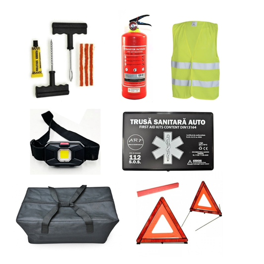 Kit Siguranta Auto [Trusa Medicala, Stingator 1KG, 2x Triunghiuri, Vesta Reflectorizanta, Lanterna, Kit Vulcanizare Cu Snur] + Geanta Depozitare