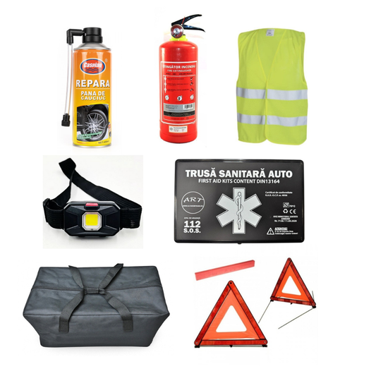 Kit Siguranta Auto [Trusa Medicala, Stingator 1KG, 2x Triunghiuri, Vesta Reflectorizanta, Spray Reparat Anvelopa, Lanterna] + Geanta Depozitare