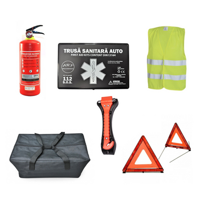 Kit Siguranta Auto [Trusa Medicala, Stingator 1KG, 2x Triunghiuri, Vesta Reflectorizanta, Ciocan Spart Geamul Si Taiat Centura] + Geanta Depozitare