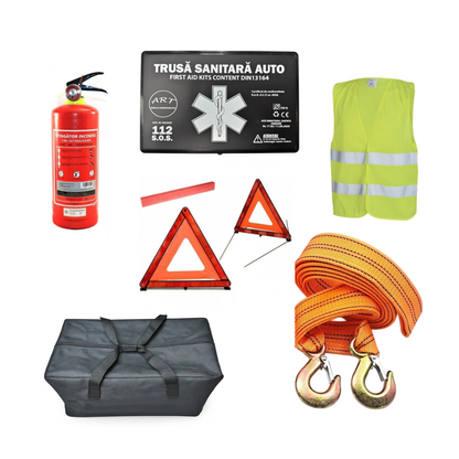 Kit Siguranta Auto [Trusa Medicala, Stingator 1KG, 2x Triunghiuri, Vesta Reflectorizanta, Chinga Tractare 4m] + Geanta Depozitare