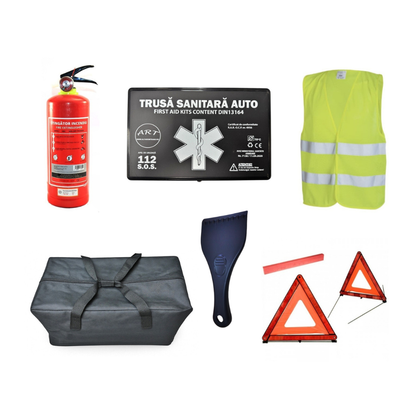 Kit Siguranta Auto [Trusa Medicala, Stingator 1KG, 2x Triunghiuri, Vesta Reflectorizanta, Racleta Gheata] + Geanta Depozitare