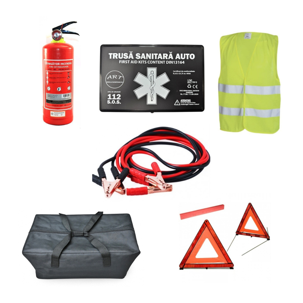 Kit Siguranta Auto [Trusa Medicala, Stingator 1KG, 2x Triunghiuri, Vesta Reflectorizanta, Cabluri Curent 500A] + Geanta Depozitare