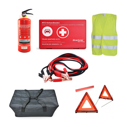 Kit Siguranta Auto [Trusa Medicala, Stingator 1KG, 2x Triunghiuri, Vesta Reflectorizanta, Cabluri Curent 500A] + Geanta Depozitare