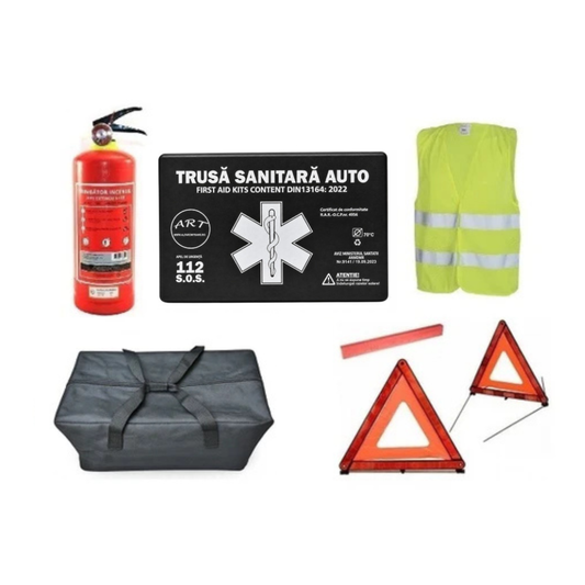 Kit Siguranta Auto [Trusa Medicala, Stingator 1KG, 2x Triunghiuri, Vesta Reflectorizanta] + Geanta Depozitare