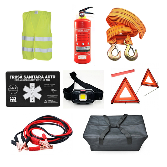 Kit Siguranta Auto [Trusa Medicala, Stingator 1KG, 2x Triunghiuri, Vesta Reflectorizanta, Chinga Tractare 4.5m, Cabluri Curent 500A, Lanterna] + Geanta Depozitare