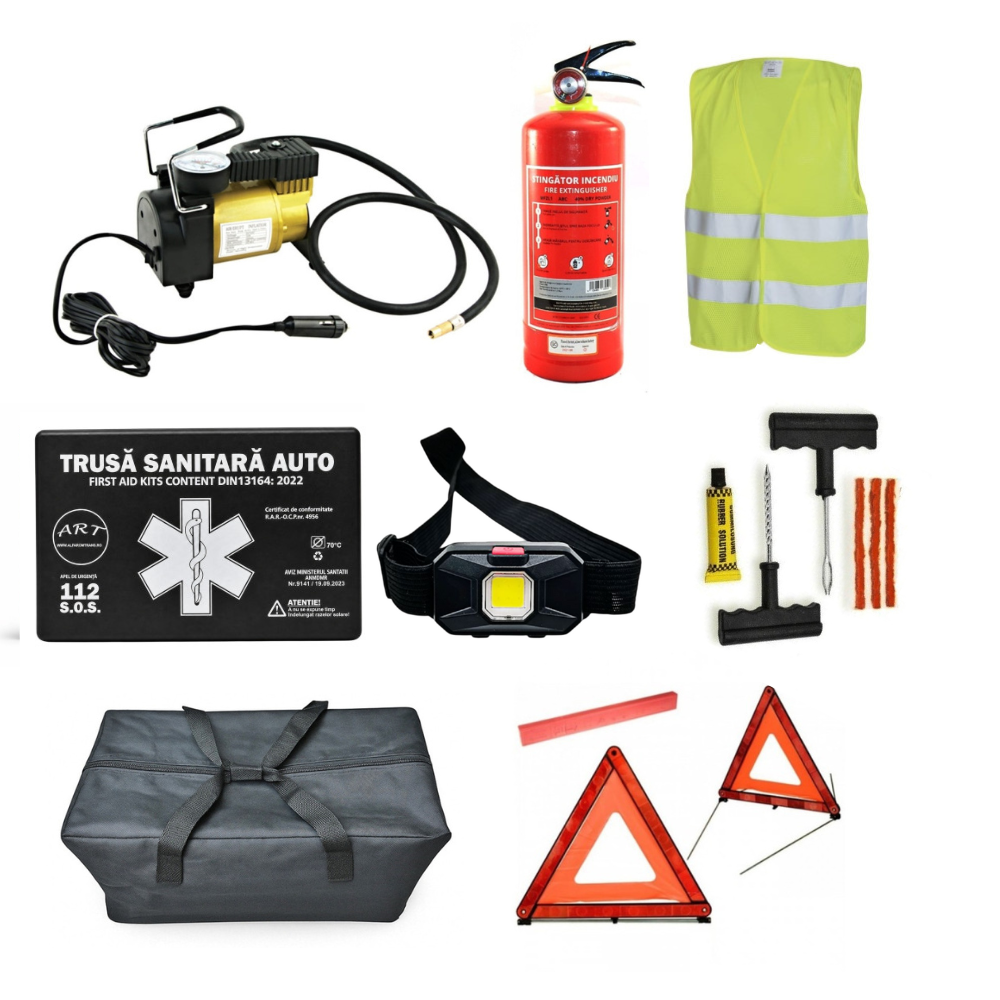 Kit Siguranta Auto [Trusa Medicala, Stingator 1KG, 2x Triunghiuri, Vesta Reflectorizanta, Compresor, Kit Vulcanizare cu Snur, Lanterna] + Geanta Depozitare