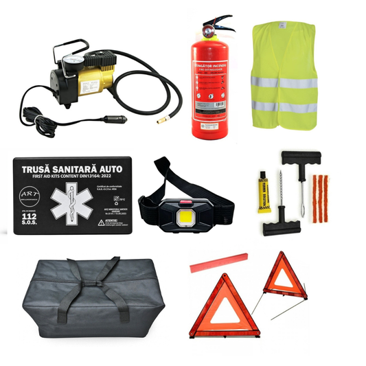 Kit Siguranta Auto [Trusa Medicala, Stingator 1KG, 2x Triunghiuri, Vesta Reflectorizanta, Compresor, Kit Vulcanizare cu Snur, Lanterna] + Geanta Depozitare