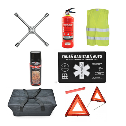 Kit Siguranta Auto [Trusa Medicala, Stingator 1KG, 2x Triunghiuri, Vesta Reflectorizanta, Spray Degripant Si Antirugina, Cheie In Cruce 17", 19", 21", 23"] + Geanta Depozitare