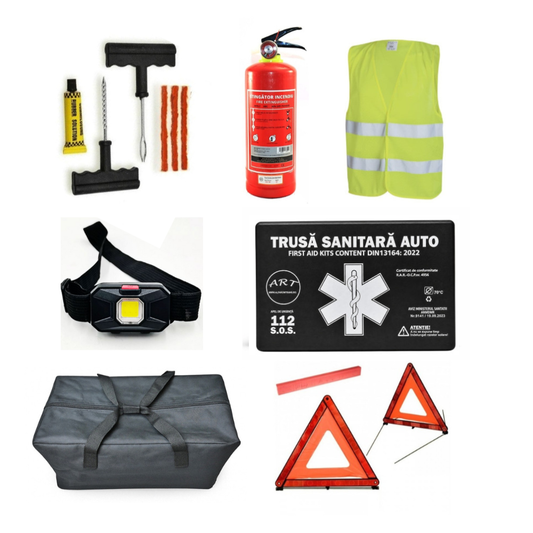 Kit Siguranta Auto [Trusa Medicala, Stingator 1KG, 2x Triunghiuri, Vesta Reflectorizanta, Lanterna, Kit Vulcanizare Cu Snur] + Geanta Depozitare