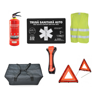 Kit Siguranta Auto [Trusa Medicala, Stingator 1KG, 2x Triunghiuri, Vesta Reflectorizanta, Ciocan Spart Geamul Si Taiat Centura] + Geanta Depozitare