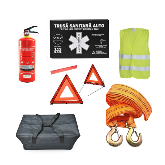 Kit Siguranta Auto [Trusa Medicala, Stingator 1KG, 2x Triunghiuri, Vesta Reflectorizanta, Chinga Tractare 4.5m] + Geanta Depozitare