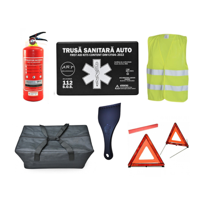 Kit Siguranta Auto [Trusa Medicala, Stingator 1KG, 2x Triunghiuri, Vesta Reflectorizanta, Racleta Gheata] + Geanta Depozitare