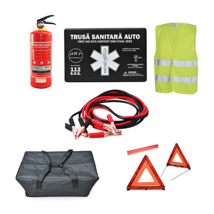 Kit Siguranta Auto [Trusa Medicala, Stingator 1KG, 2x Triunghiuri, Vesta Reflectorizanta, Cabluri Curent 500A] + Geanta Depozitare