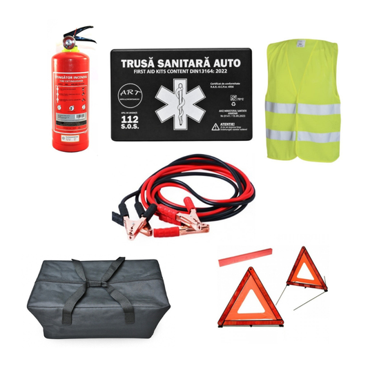 Kit Siguranta Auto [Trusa Medicala, Stingator 1KG, 2x Triunghiuri, Vesta Reflectorizanta, Cabluri Curent 500A] + Geanta Depozitare