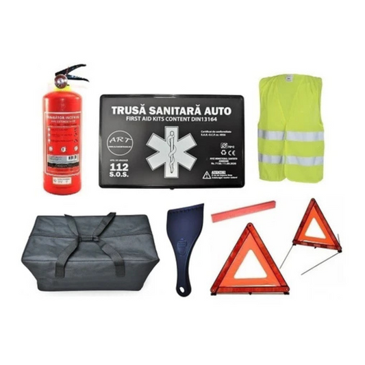 Kit Complet Siguranta Auto, Omologat R.A.R [ Trusa, Stingator 1 KG, Vesta, Triunghiuri, Racleta Gheata] + Geanta Depozitare