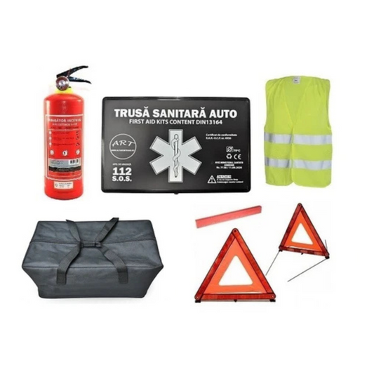 Kit Siguranta Auto Complet, Omologat U.E /R.A.R [trusa medicala, vesta, triunghiuri, stingator, geanta]