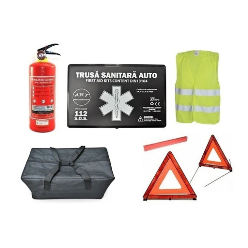 Kit Siguranta Auto [Trusa Medicala, Stingator 1KG, 2x Triunghiuri, Vesta Reflectorizanta] + Geanta Depozitare