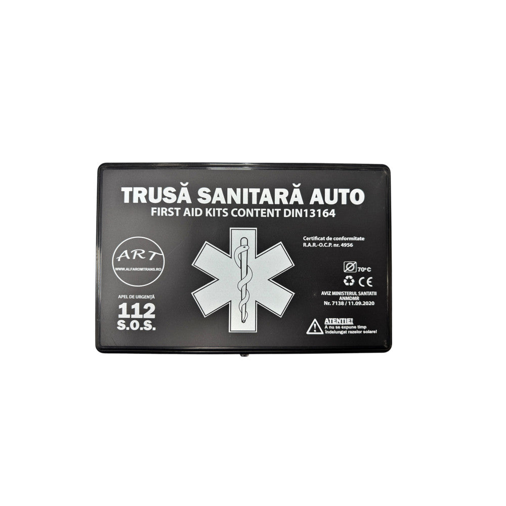 Kit Siguranta Auto [Trusa Medicala, Stingator 1KG, 2x Triunghiuri, Vesta Reflectorizanta, Chinga Tractare 4m] + Geanta Depozitare