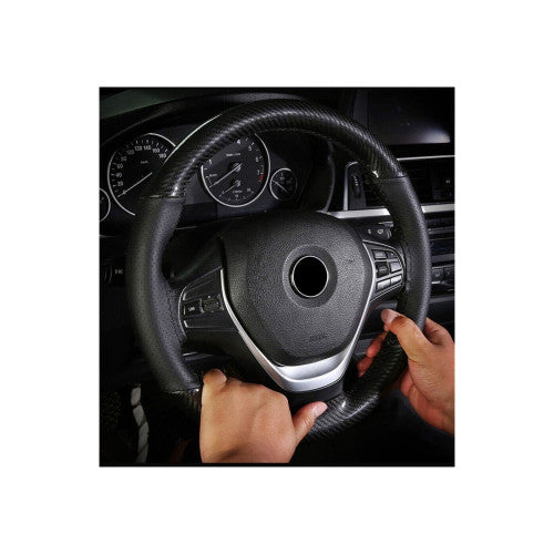 Husa volan cu ac si ata din piele cu gaurele marime M, culoare negru+carbon si cusatura gri  PREMIUM