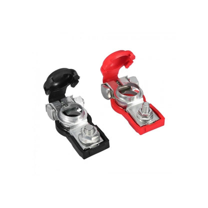 Set 2 borne baterie auto din aluminiu dur eloxat, izolate cu cauciuc, negru-roșu