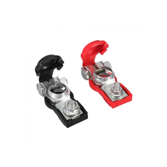 Set 2 borne baterie auto din aluminiu dur eloxat, izolate cu cauciuc, negru-roșu
