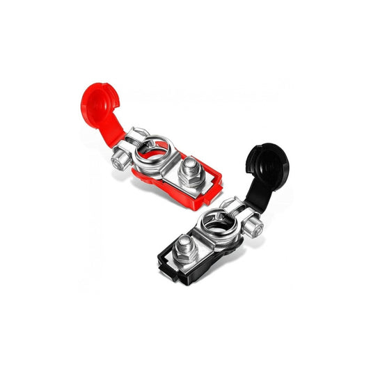 Set 2 borne baterie auto din aluminiu dur eloxat, izolate cu cauciuc, negru-roșu